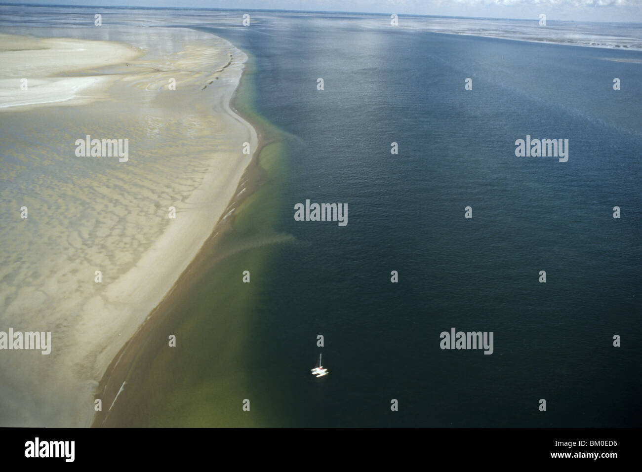 aerial photo, mudflat, sandflat, yacht anchored, Wadden Sea, German Bight, North Sea, Schleswig Holstein, northern Germany Stock Photo