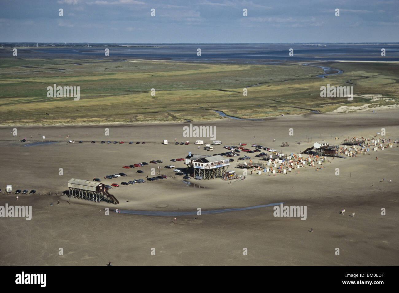 aerial photo of windsurfers, St Peter-Ording, sandbank, mudflat, sandflat, Wadden Sea, German Bight, North Sea, Schleswig Holste Stock Photo