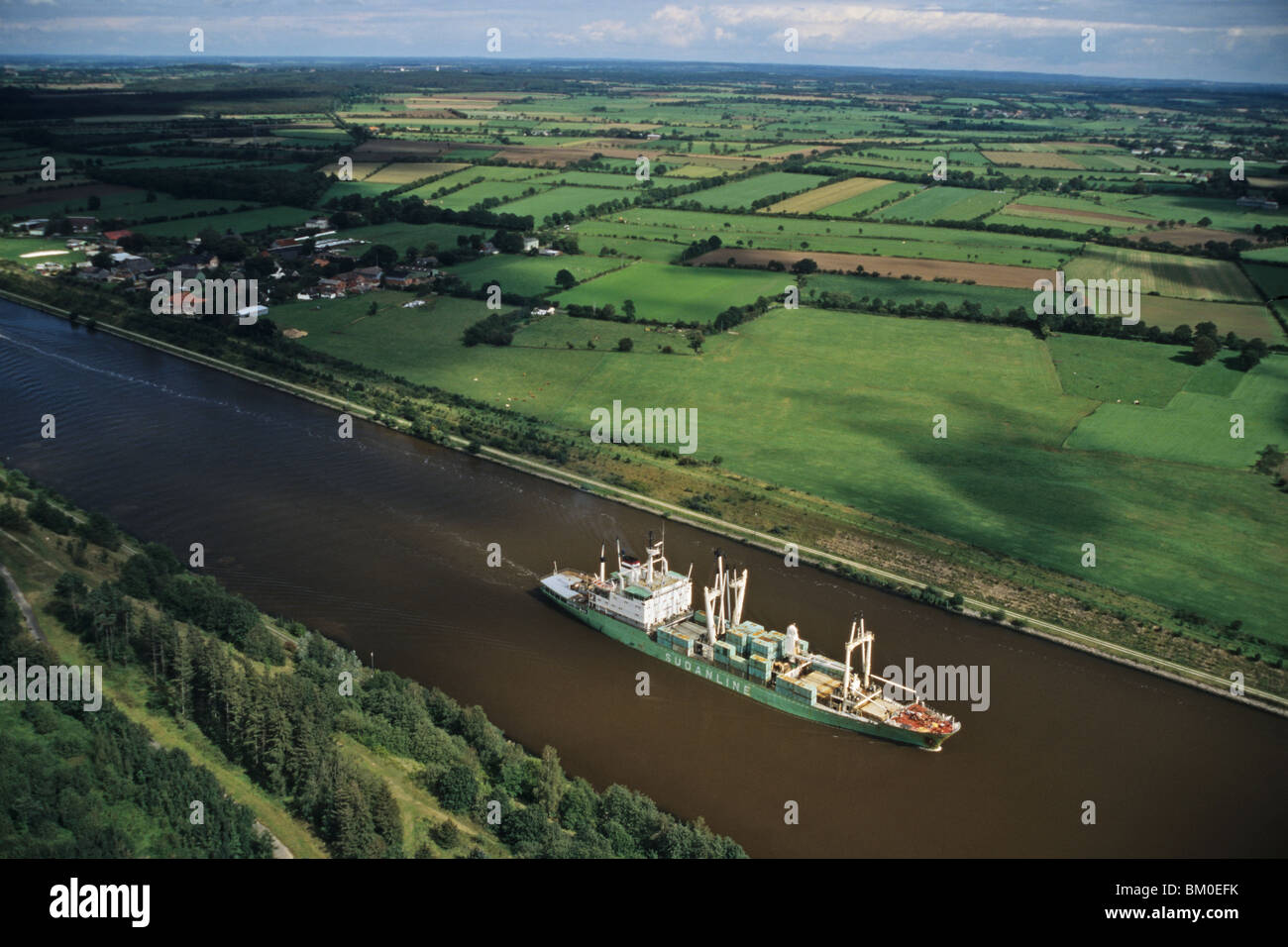 aerial photo of Kiel Canal, container ship, Baltic Sea, Schleswig Holstein, northern Germany Stock Photo