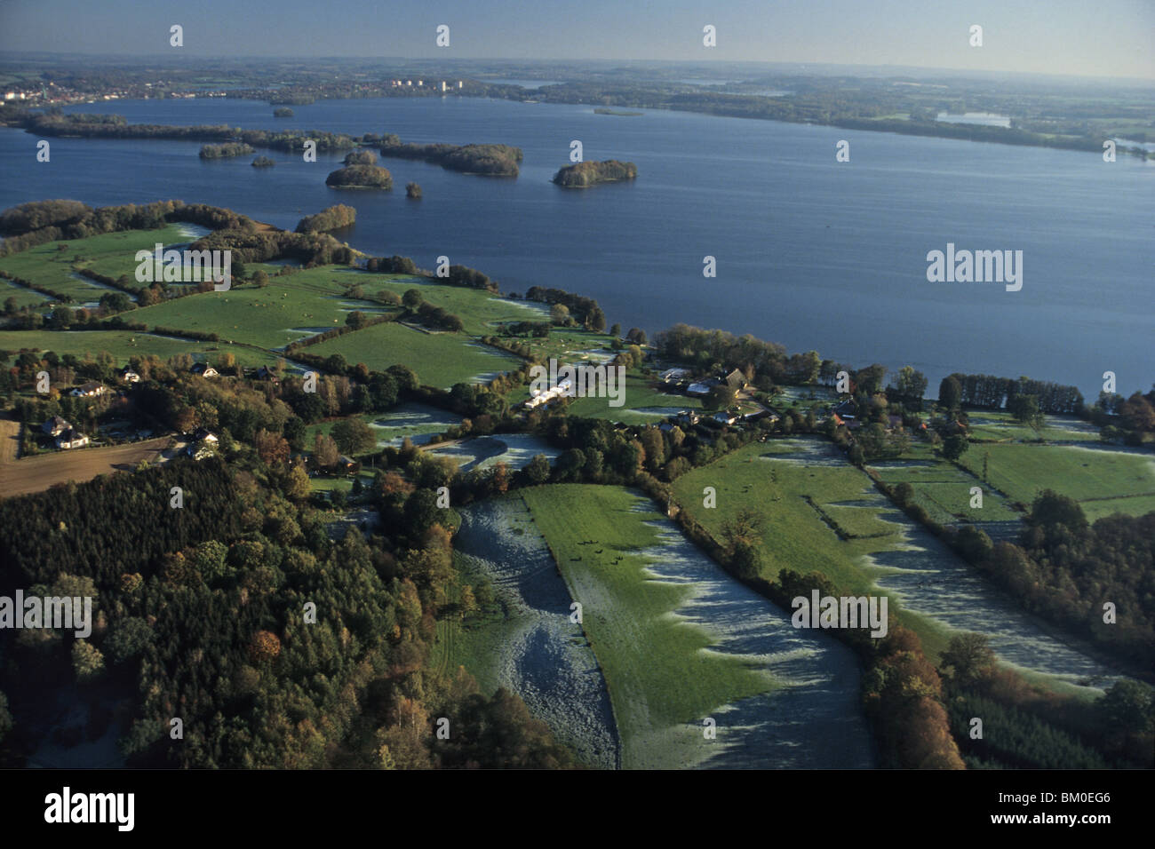 aerial photo of lakes, morning frost, Holstein Switzerland, Ploener lake, Schleswig Holstein