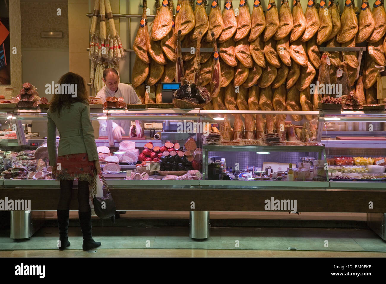 Hams, cold meats, market, Valencia, Spain Stock Photo