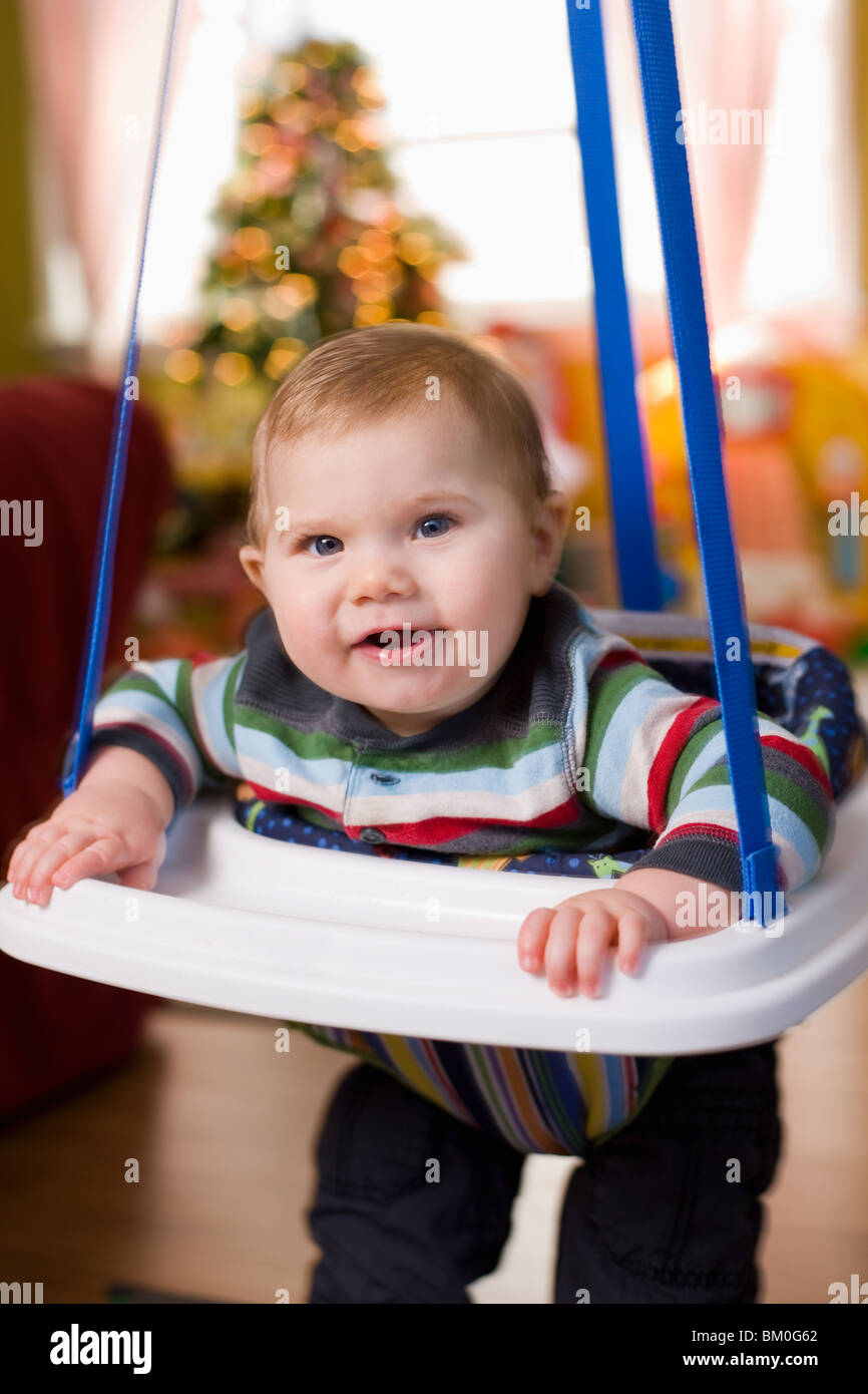 Portrait of baby boy in jumper at Christmas, Bradford, Ontario Stock