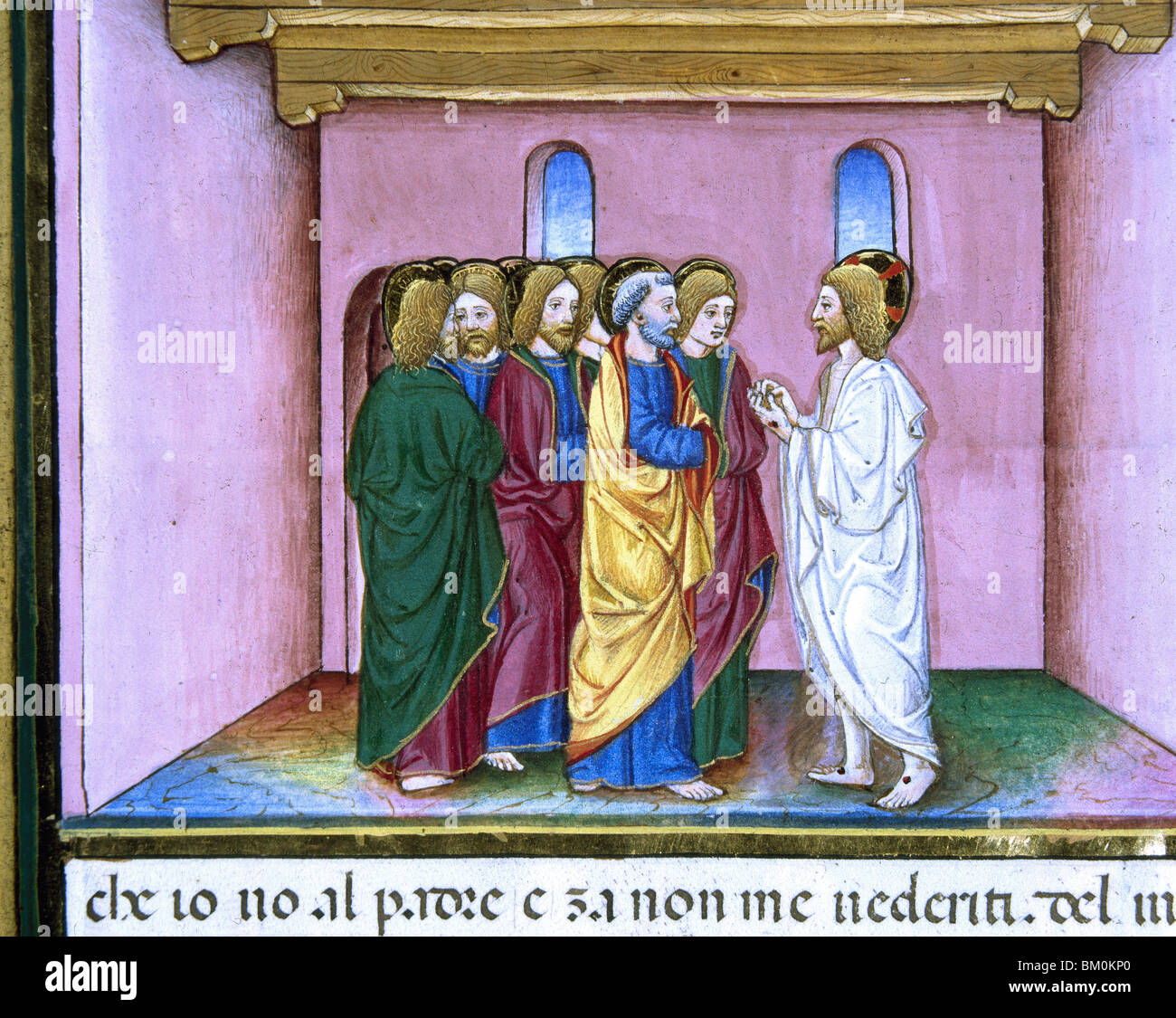 Risen Jesus announces to the disciples the coming of the Holy Spirit. Codex of Predis (1476). Royal Library. Turin. Italy. Stock Photo