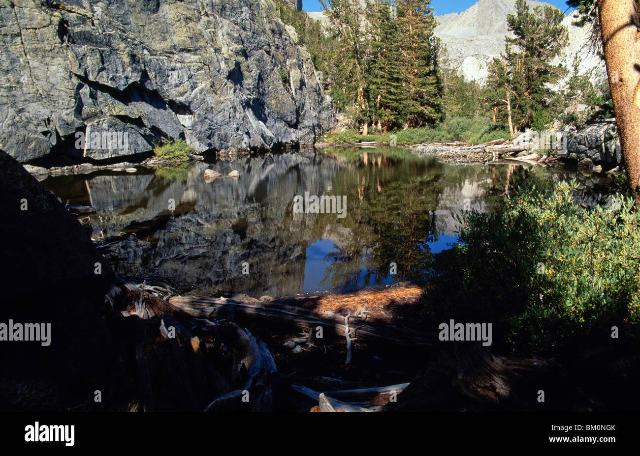 Reflection of a cliff in a lake, Brainard Lake, John Muir Wilderness, California, USA Stock Photo