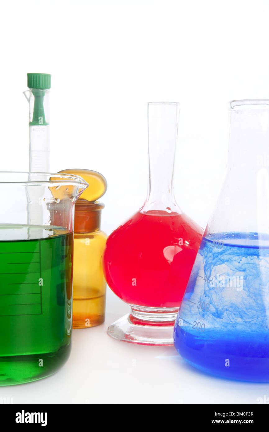 Chemist research laboratory with chemical colorful equipment over white ...