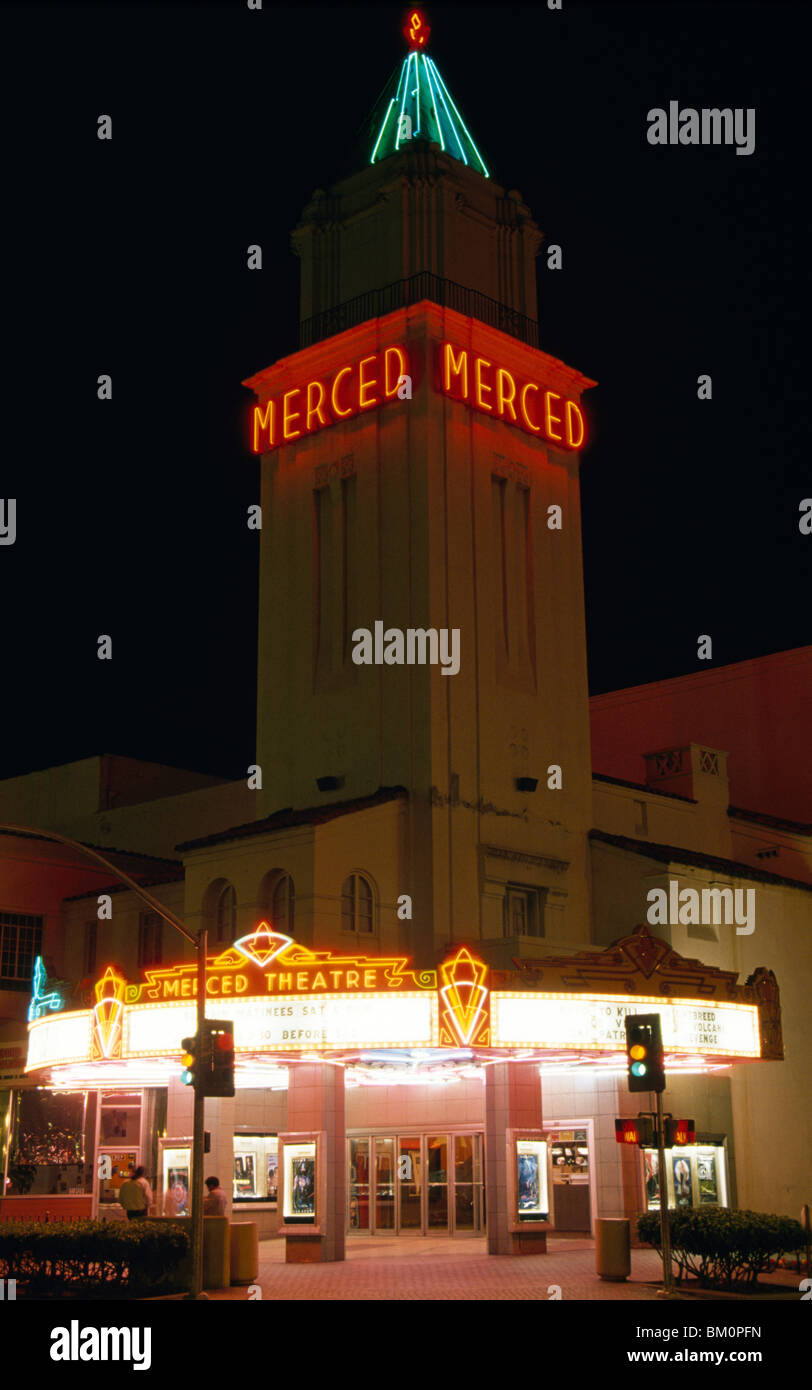 Facade of a theater lit up at night, Merced Theater, Merced, California, USA Stock Photo Alamy