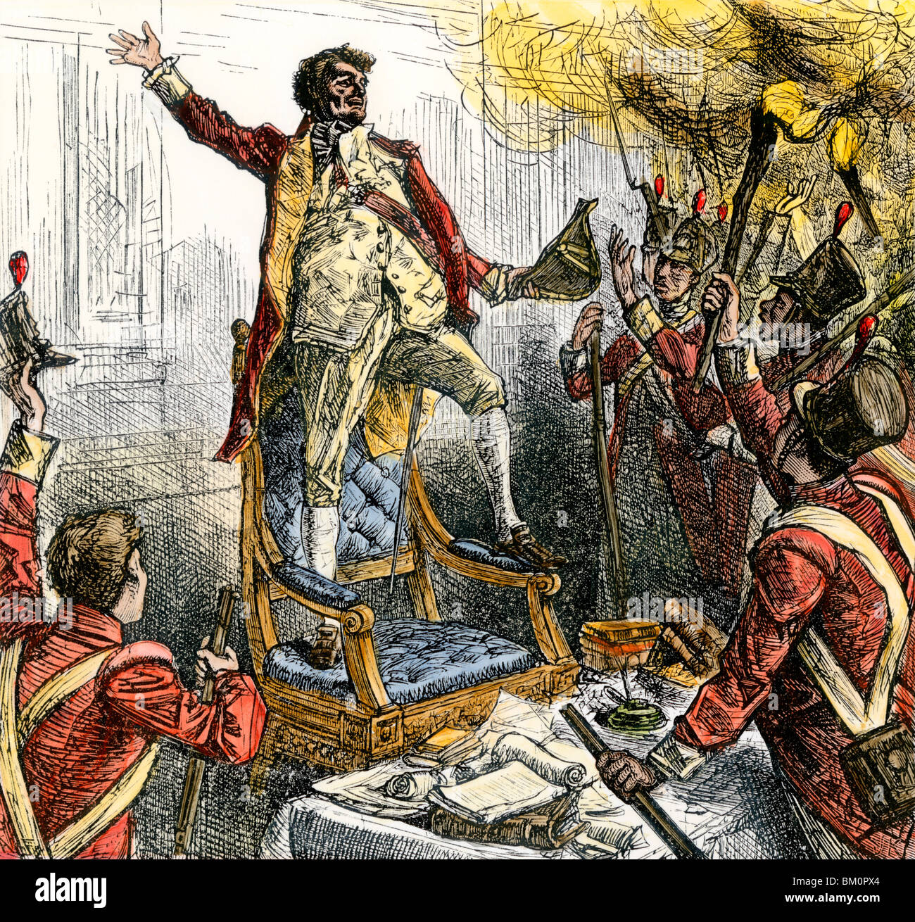 Sir George Cockburn calling on British troops to vote to burn Washington DC, 1814. Hand-colored woodcut Stock Photo