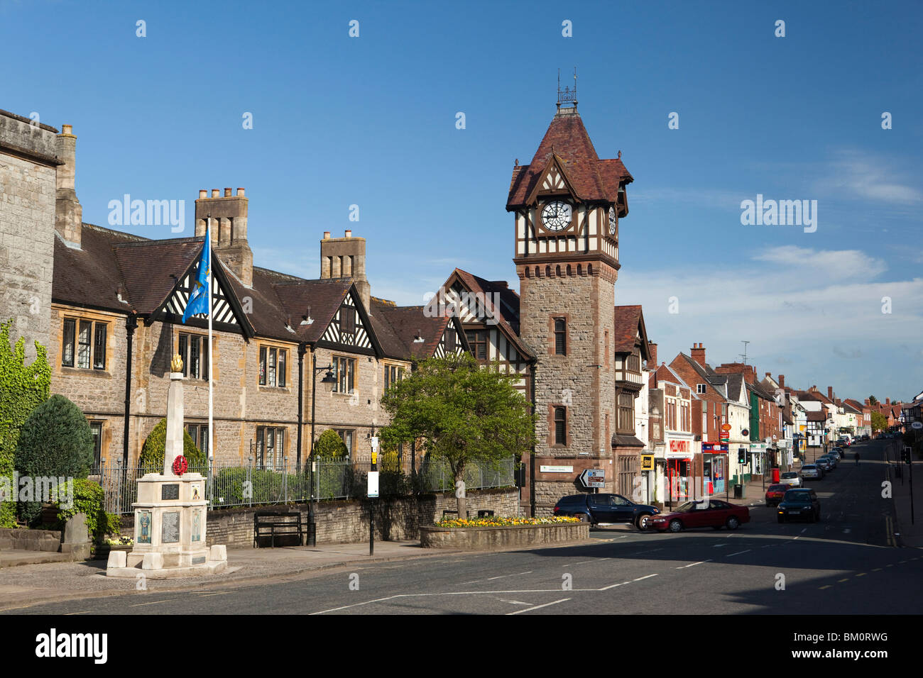 UK, Herefordshire, Ledbury, High Street, Public Library clock tower ...