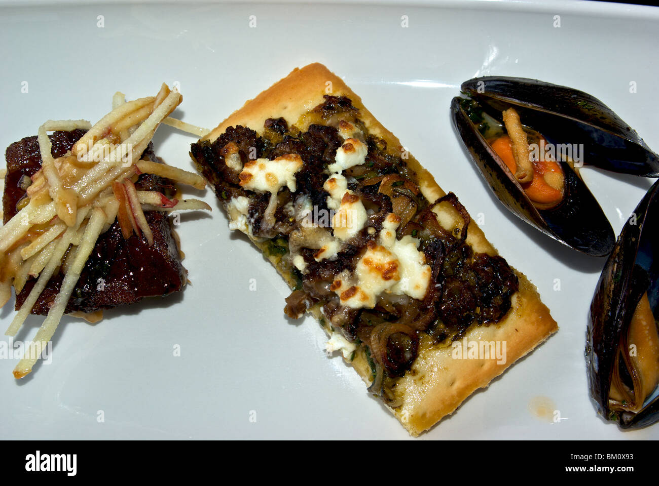 Assorted appetizer plate braised boneless beef short rib asparagus