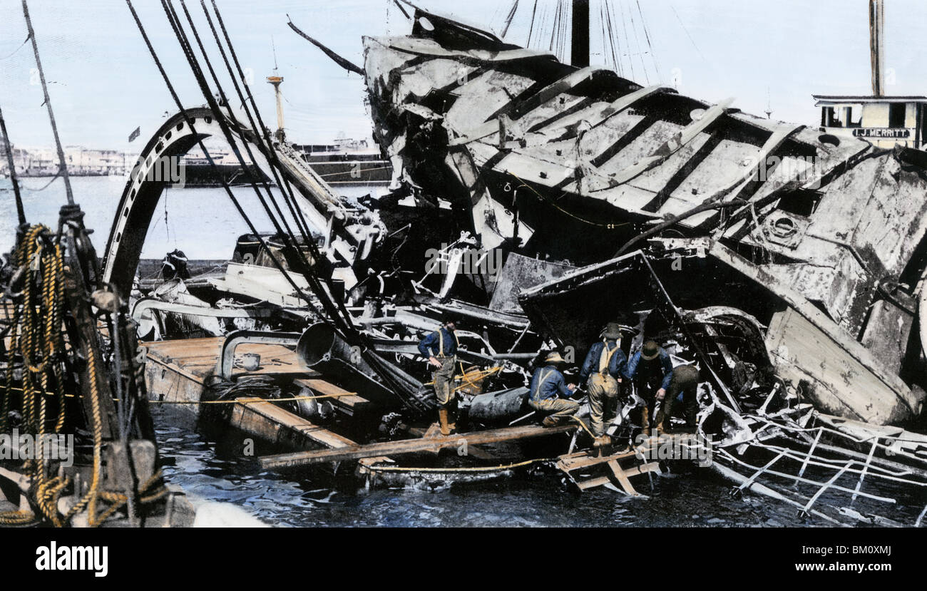 Workers on the midship portion of USS Maine wreckage, Havana, Cuba, 1898. Hand-colored halftone of a photograph Stock Photo