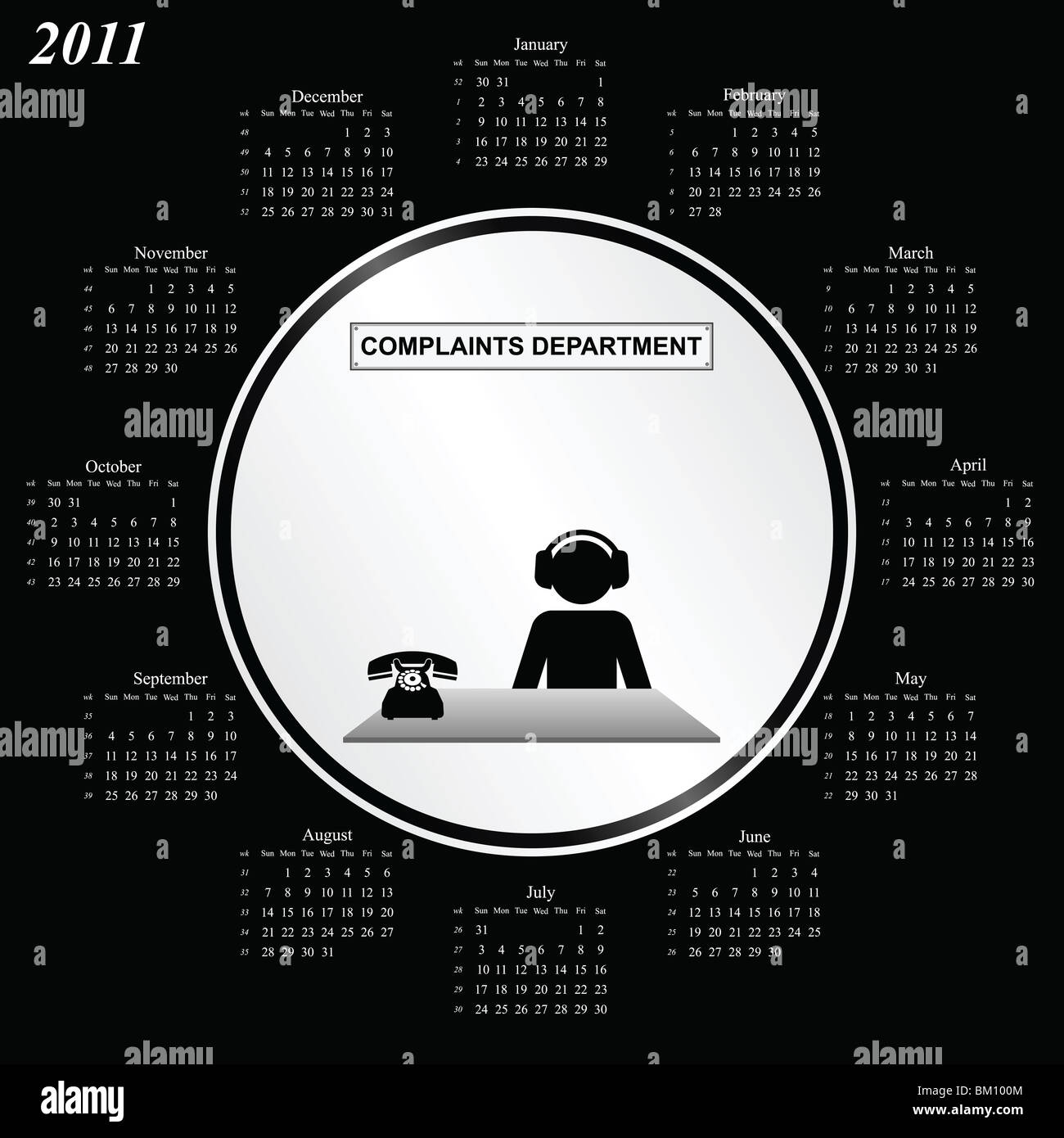 Vector of 2011 calendar with comical complaints department employee Stock  Photo - Alamy