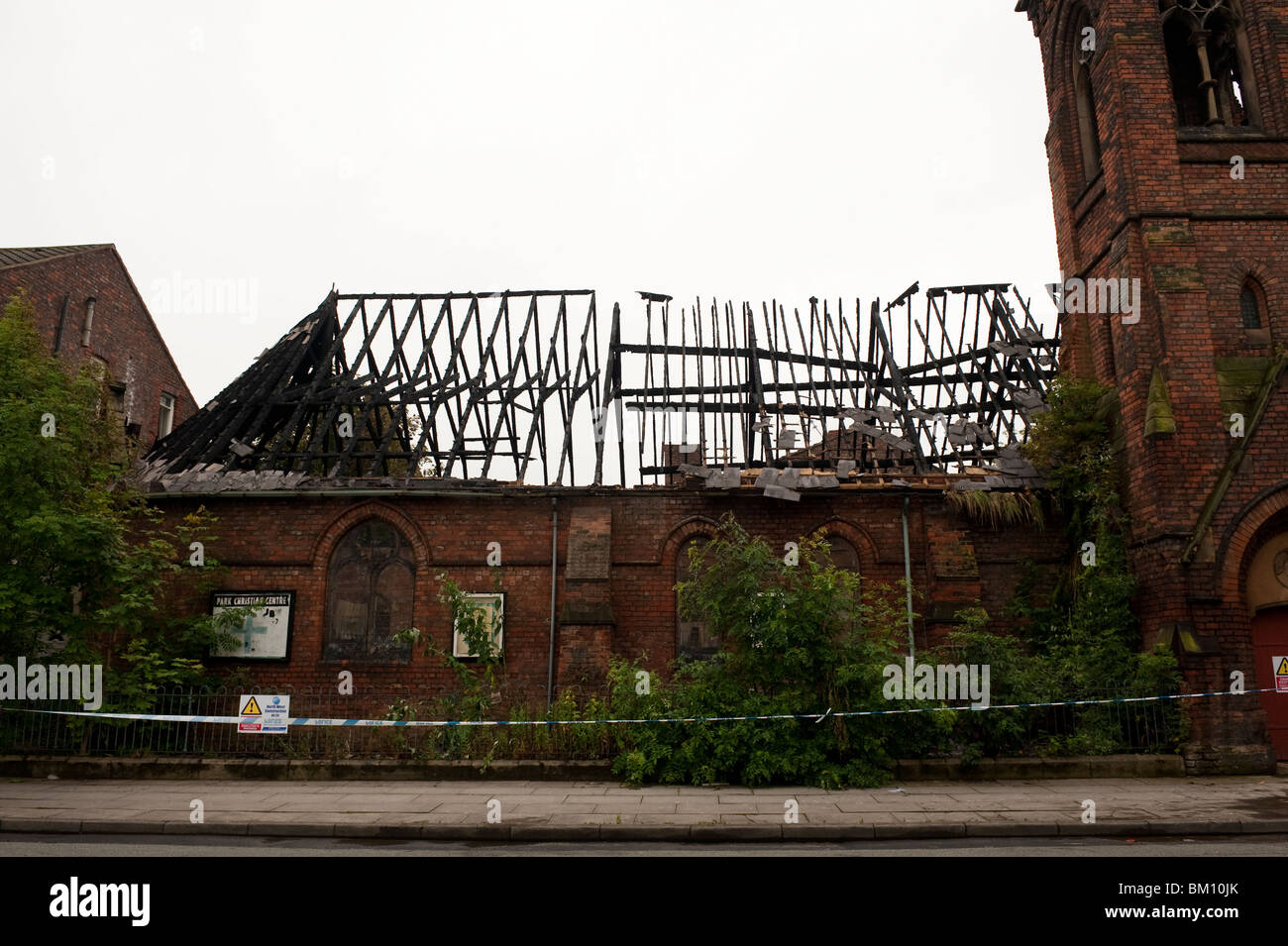 Church hall roof destroyed by fire Stock Photo