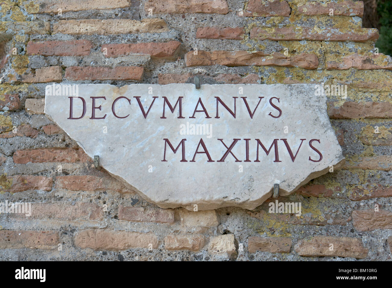 Ostia Antica. Modern street sign of the Decumanus Maximus Stock Photo