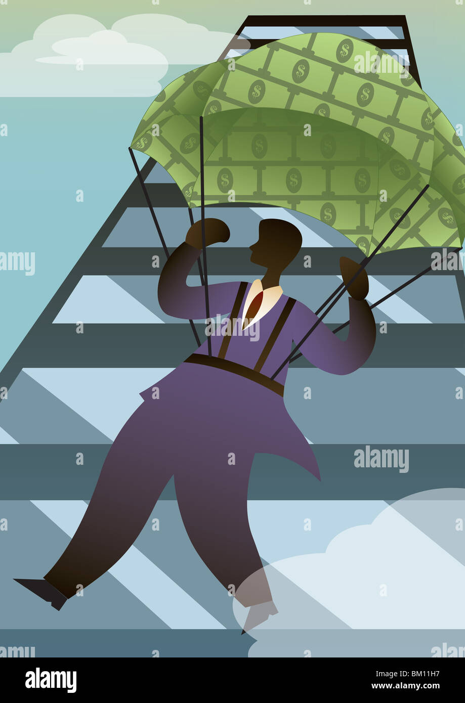 Businessman jumping with a parachute of money Stock Photo Alamy