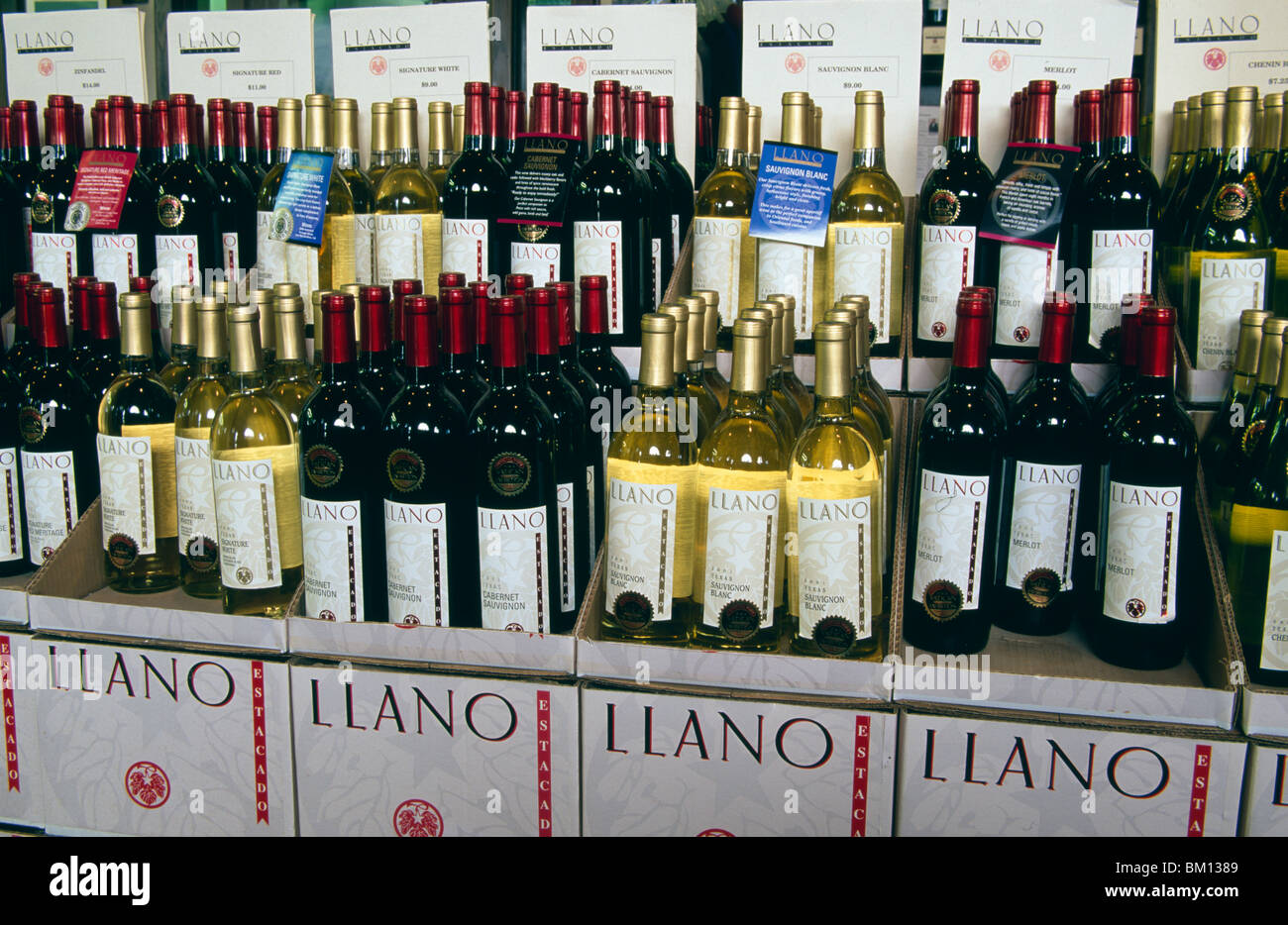 Assorted wine bottles displayed in a winery, Llano Estacado Winery