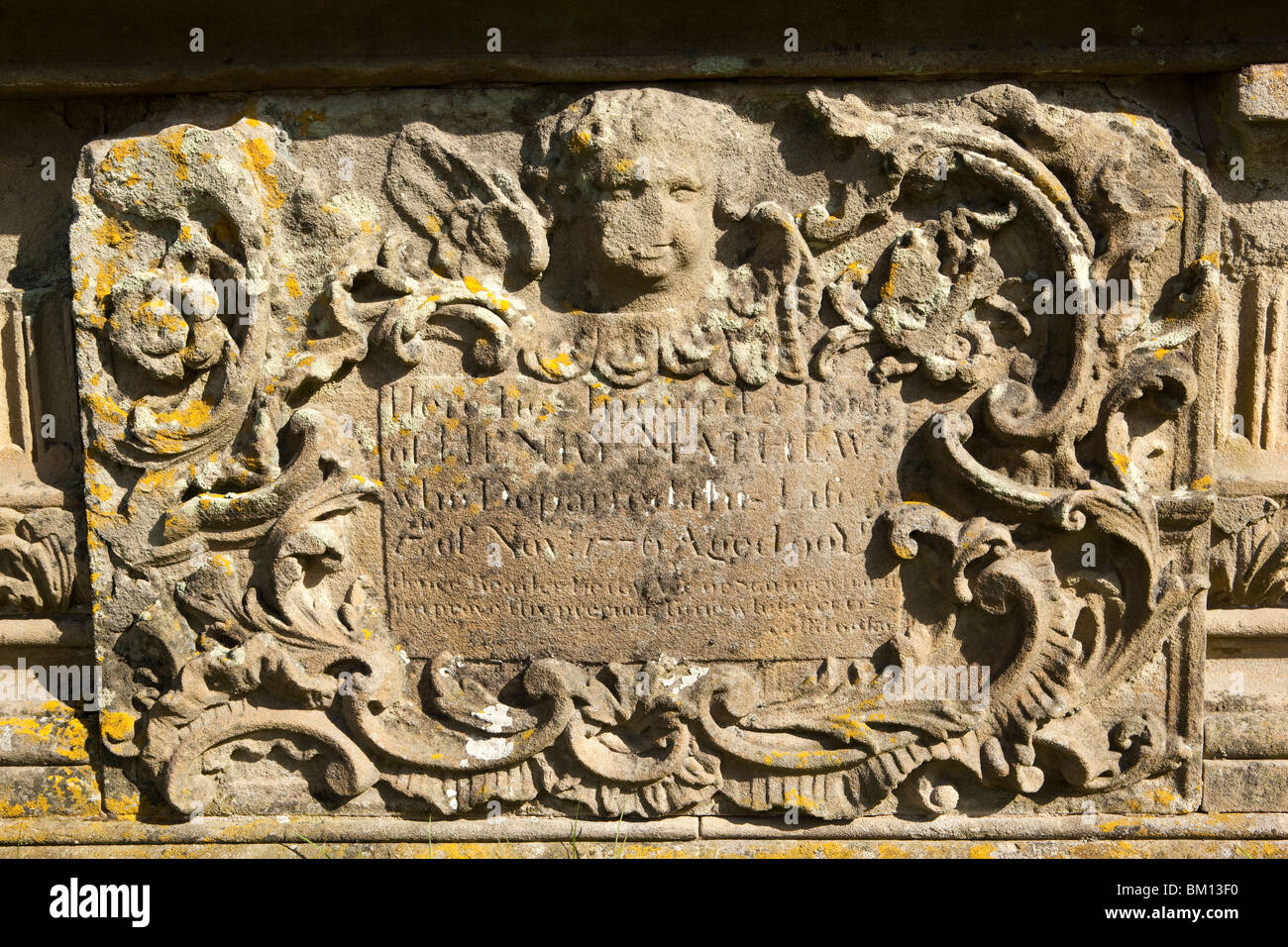 UK, England, Herefordshire, Kempley, St Mary’s ancient churchyard, Henry Matthew 1776 carved stone grave Stock Photo