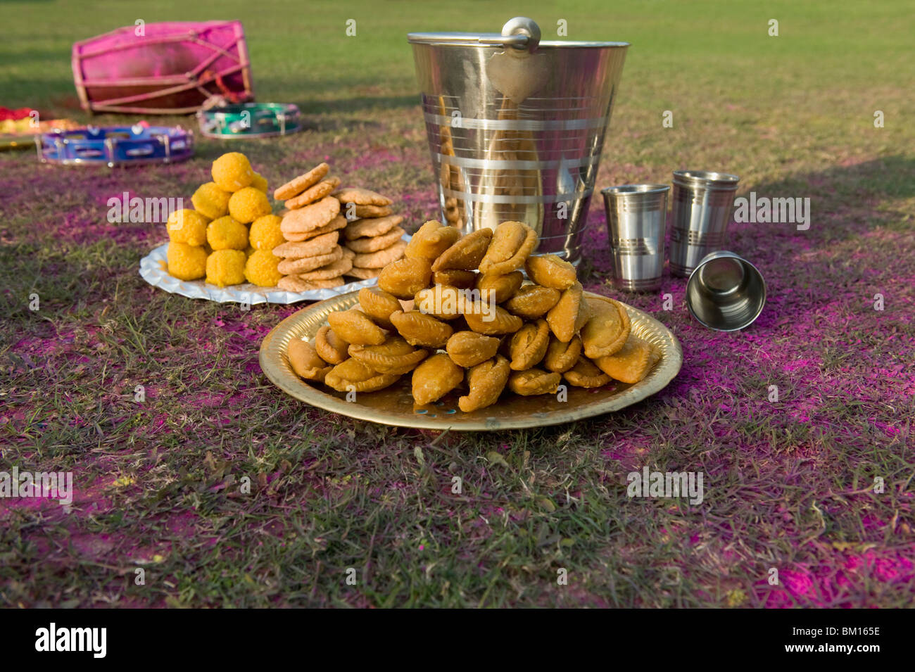 Traditional Holi dishes in a lawn Stock Photo