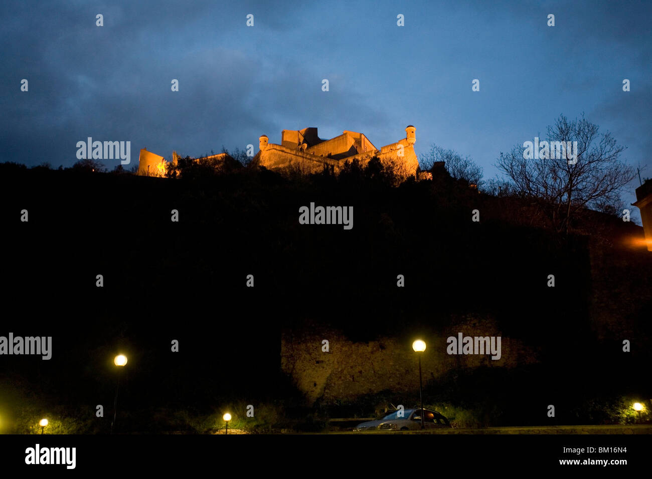 Castel San Giovanni castle at the dusk, XVII Sec,  Finalborgo, Ligury, Italy, Europe Stock Photo