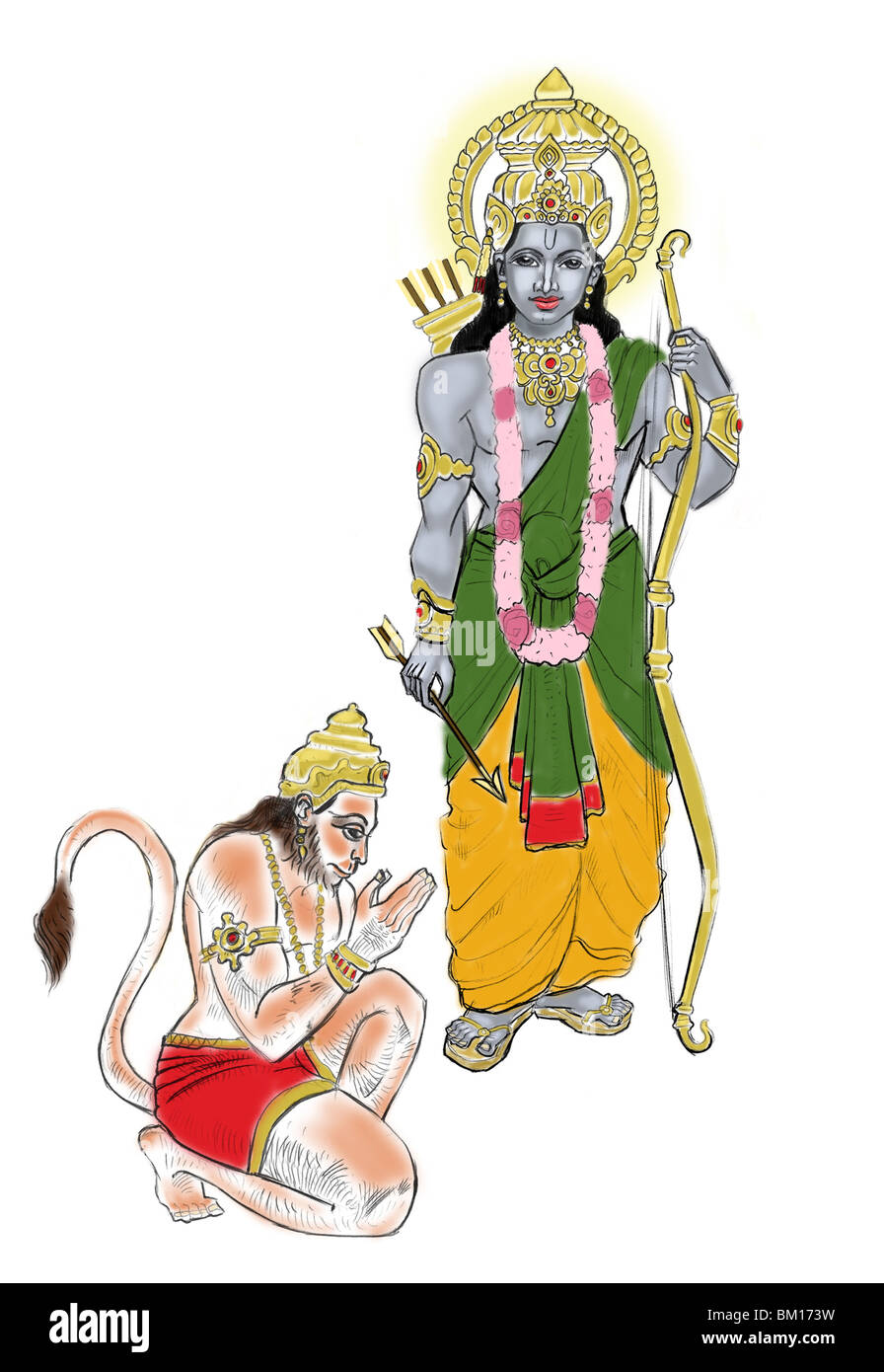Hindu God Hanuman bowing to Lord Rama Stock Photo