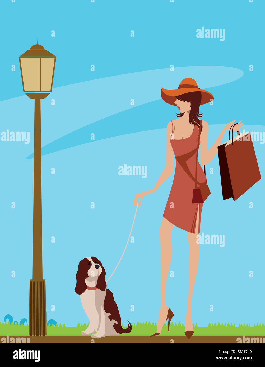Woman walking in a street with her dog Stock Photo - Alamy
