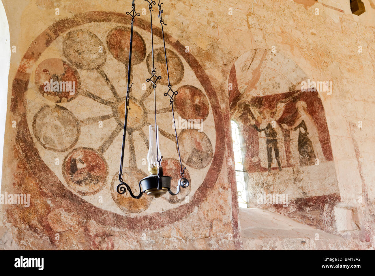 UK, England, Herefordshire, Kempley, St Mary’s ancient church nave, wheel of life medieval wall painting Stock Photo