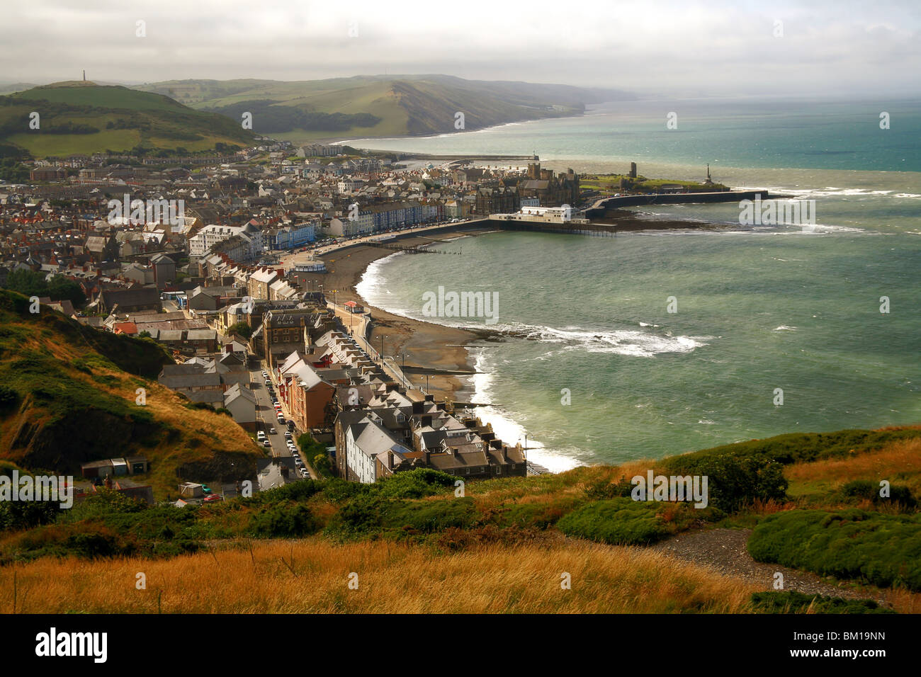 Aberystwyth and Cardigan Bay from the summit of Constitution Hill Stock Photo