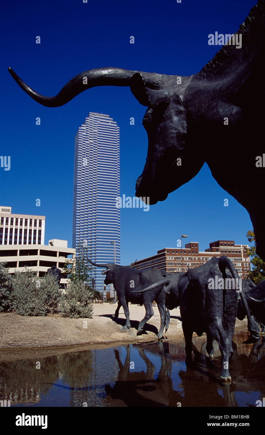 Cattle sculptures at a town square, Cattle Drive Sculpture, Pioneer
