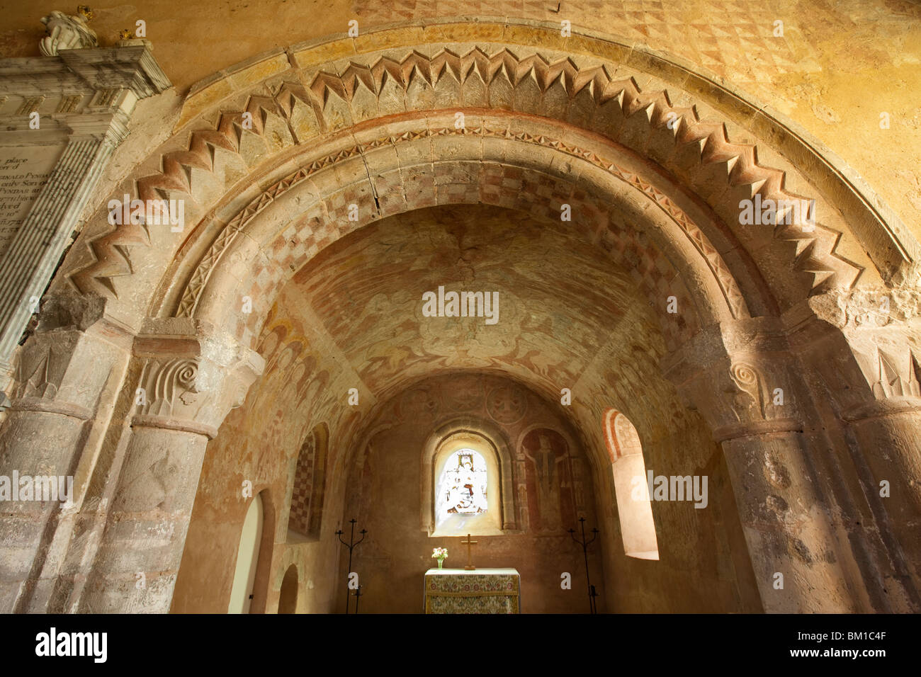 UK, England, Herefordshire, Kempley, St Mary’s ancient church Norman chancel arch and medieval wall paintings Stock Photo