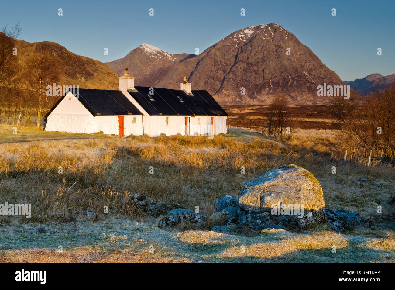 First Light at Black Rock Cottage, Below Buachaille Etive Mor, Glencoe, Argyll, Scotland, UK Stock Photo