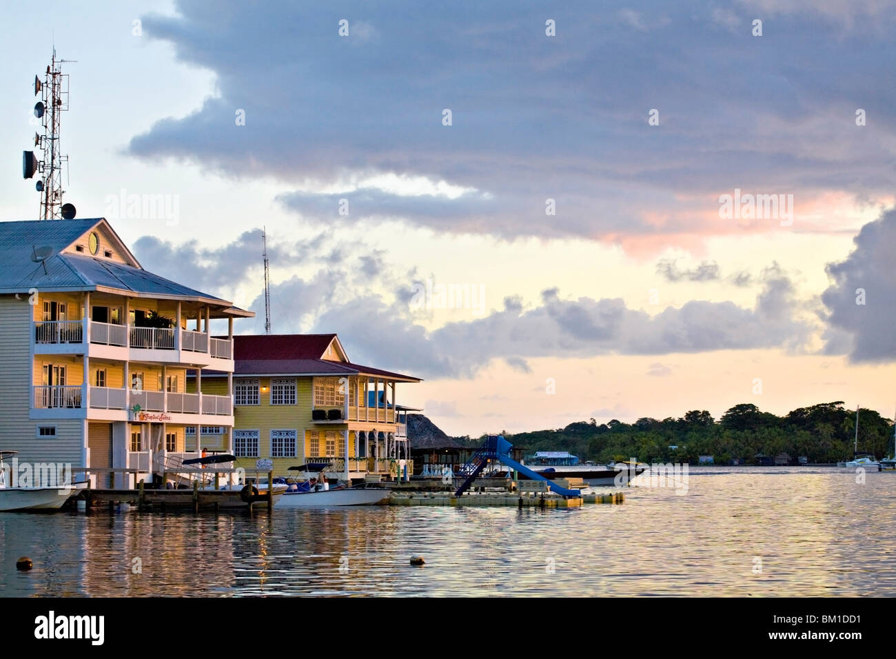 Waterfront hotels, Colon Island (Isla Colon), Bocas del Toro Province, Panama, Central America Stock Photo