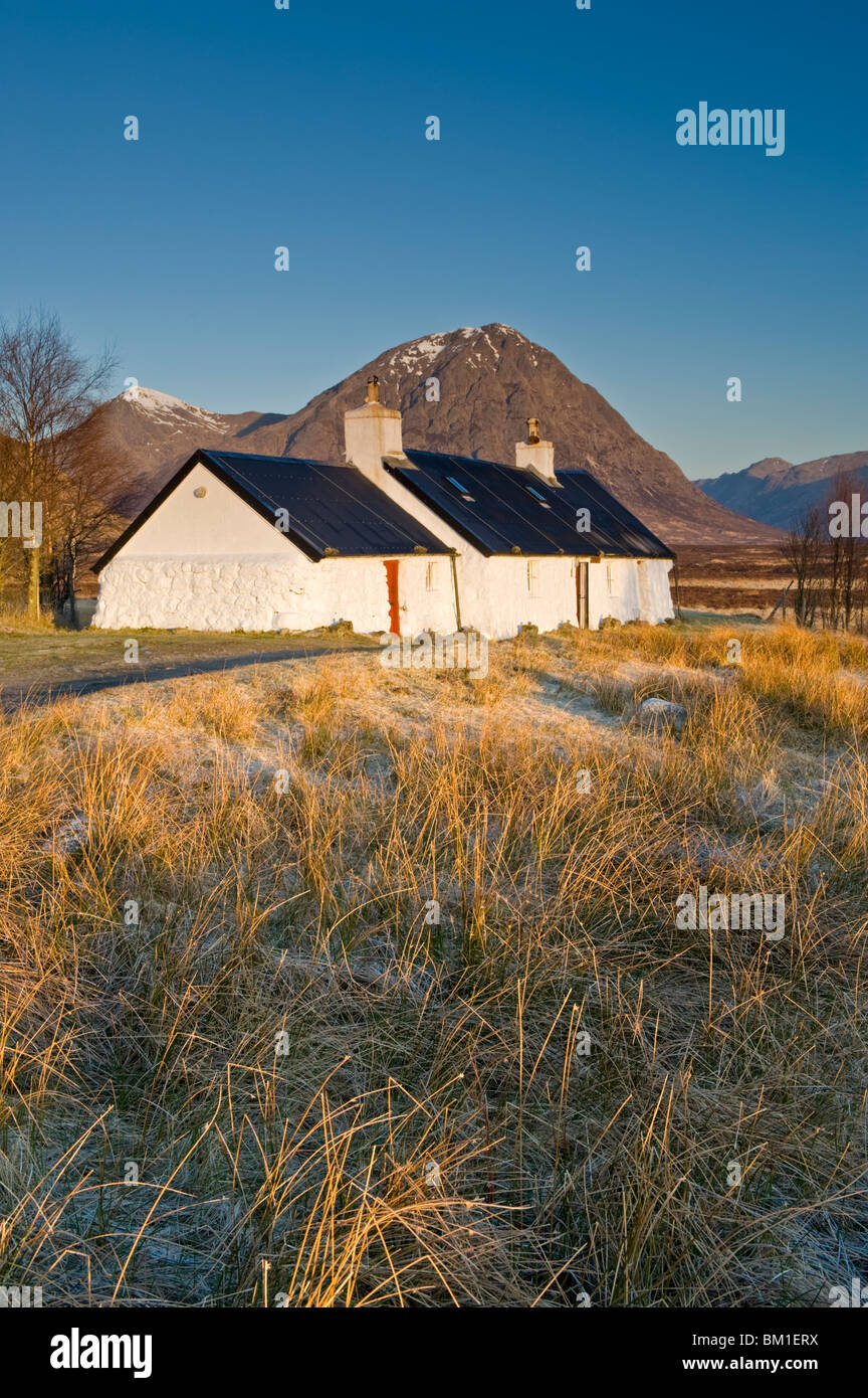 First Light at Black Rock Cottage, Below Buachaille Etive Mor, Glencoe, Argyll, Scotland, UK Stock Photo