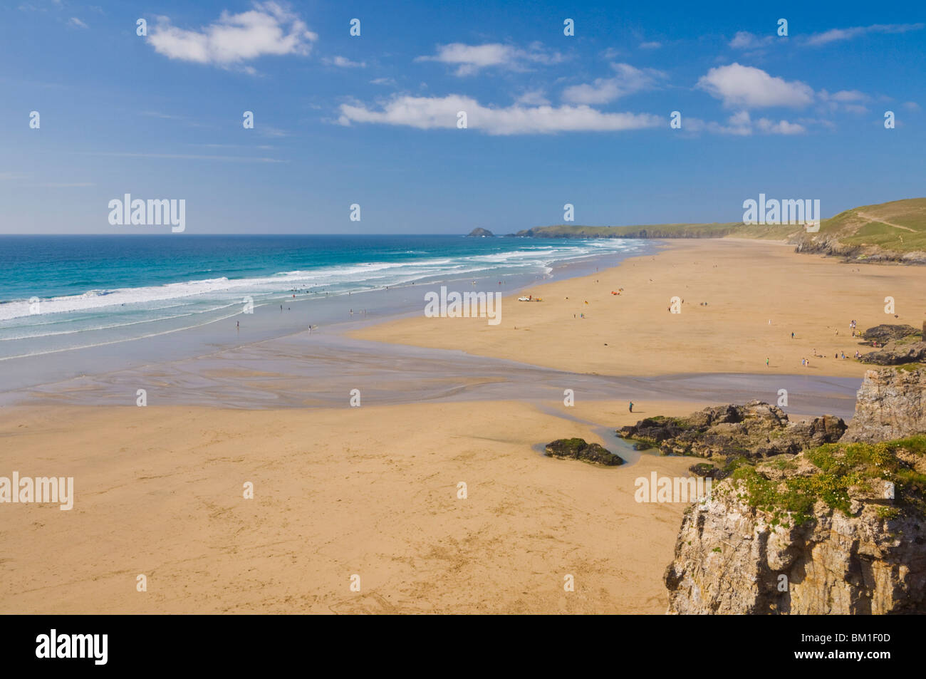 Long beach and coastline, Perranporth, North Cornwall, England, United Kingdom, Europe Stock Photo