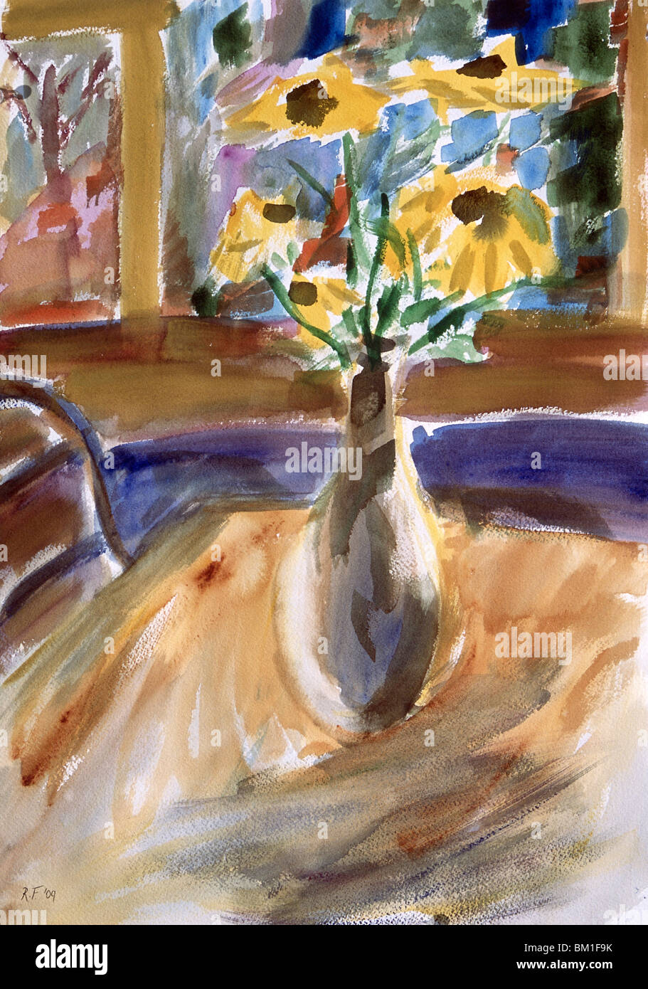 Vase on a Table,  by Richard H. Fox,  watercolour on paper,  Born 1960,  2009 Stock Photo