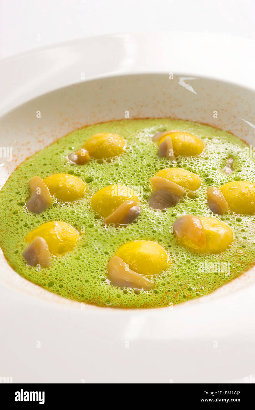Ravioli with buffalo mozzarella, Sarawak pepper, clams in parsley sauce