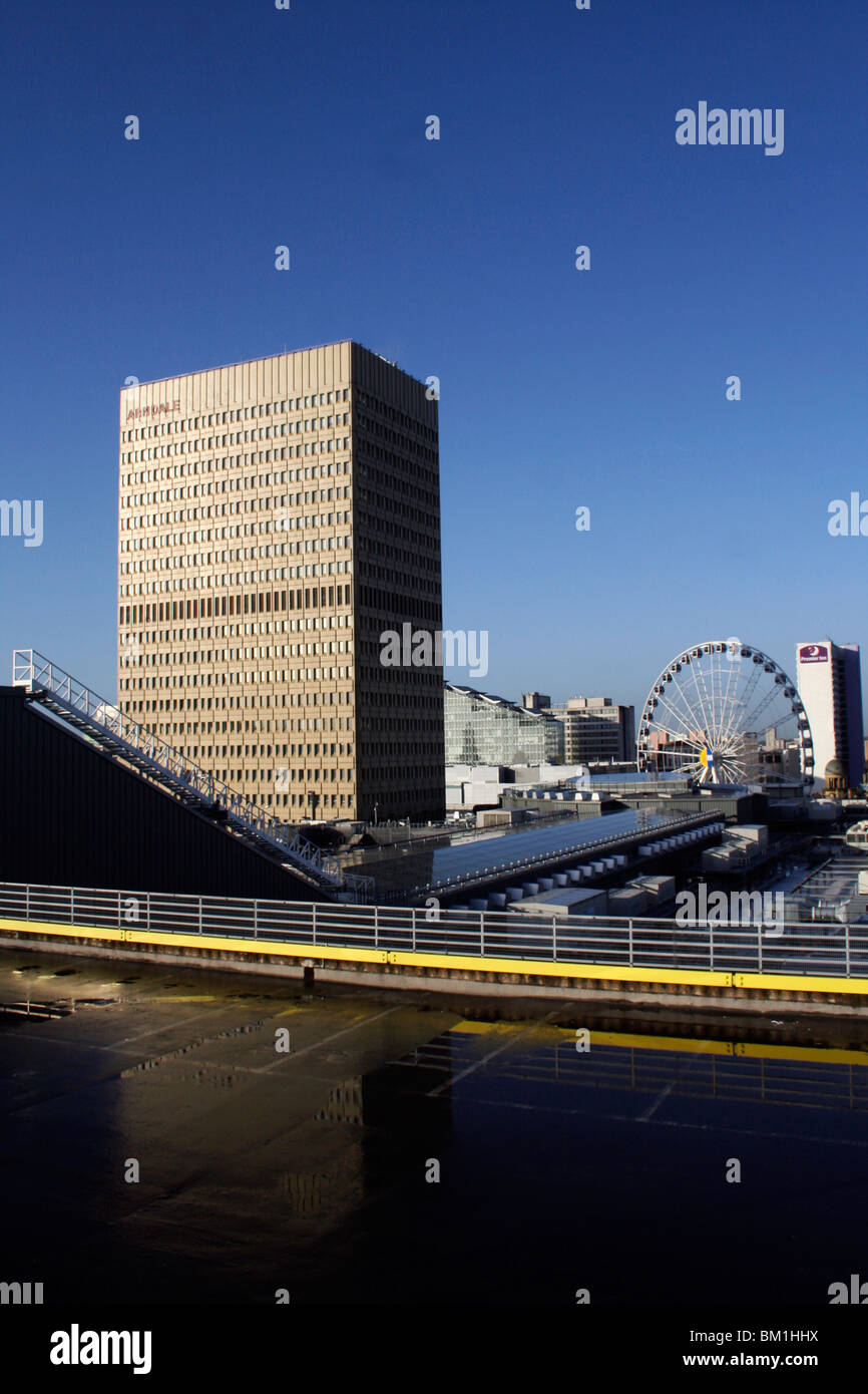 a view from the top floor of the arndale shopping centre car park in manchester on a sunny day. Stock Photo