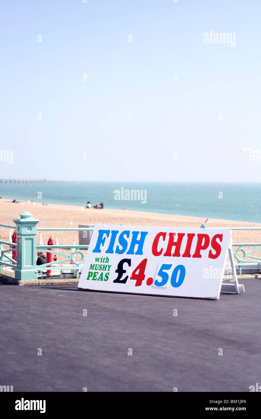 fish and chips and mushy peas for £4.50 at brighton beach. seaside pier
