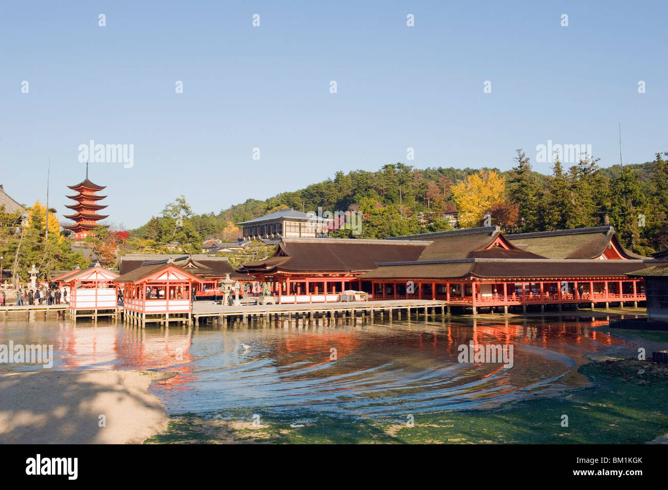Pagoda and shrine buildings, Itsukushima Shrine, UNESCO World Heritage Site, Miyajima Island, Hiroshima prefecture, Japan, Asia Stock Photo