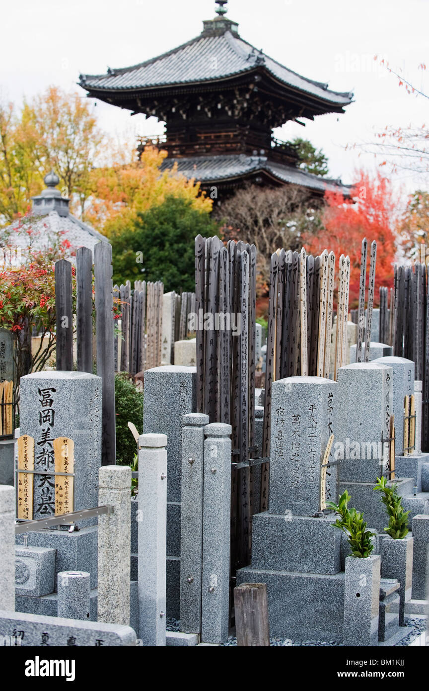 Grave stones and pagoda in a cemetery, Shinnyo do Temple, Kyoto, Japan, Asia Stock Photo