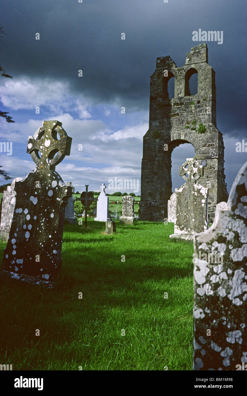 Ruined church and graveyard, Donaghmore, County Meath, Ireland Stock