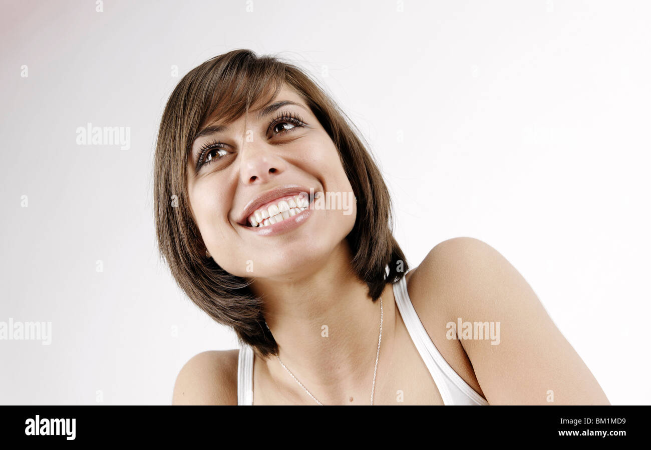 Young brunette woman, 25 years, laughing, smiling, having fun, full of joy Stock Photo