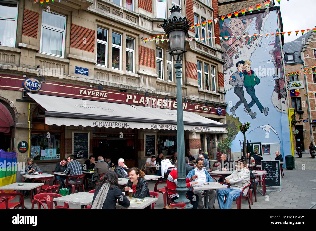 Cafe Plattestein wall painting Marche Au Charbon - Kolenmarkt Brussels Belgium Stock Photo