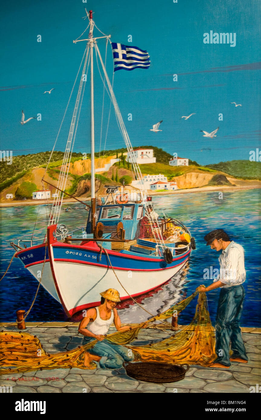 Plaka Athens Greece gallery painting port harbor Stock Photo
