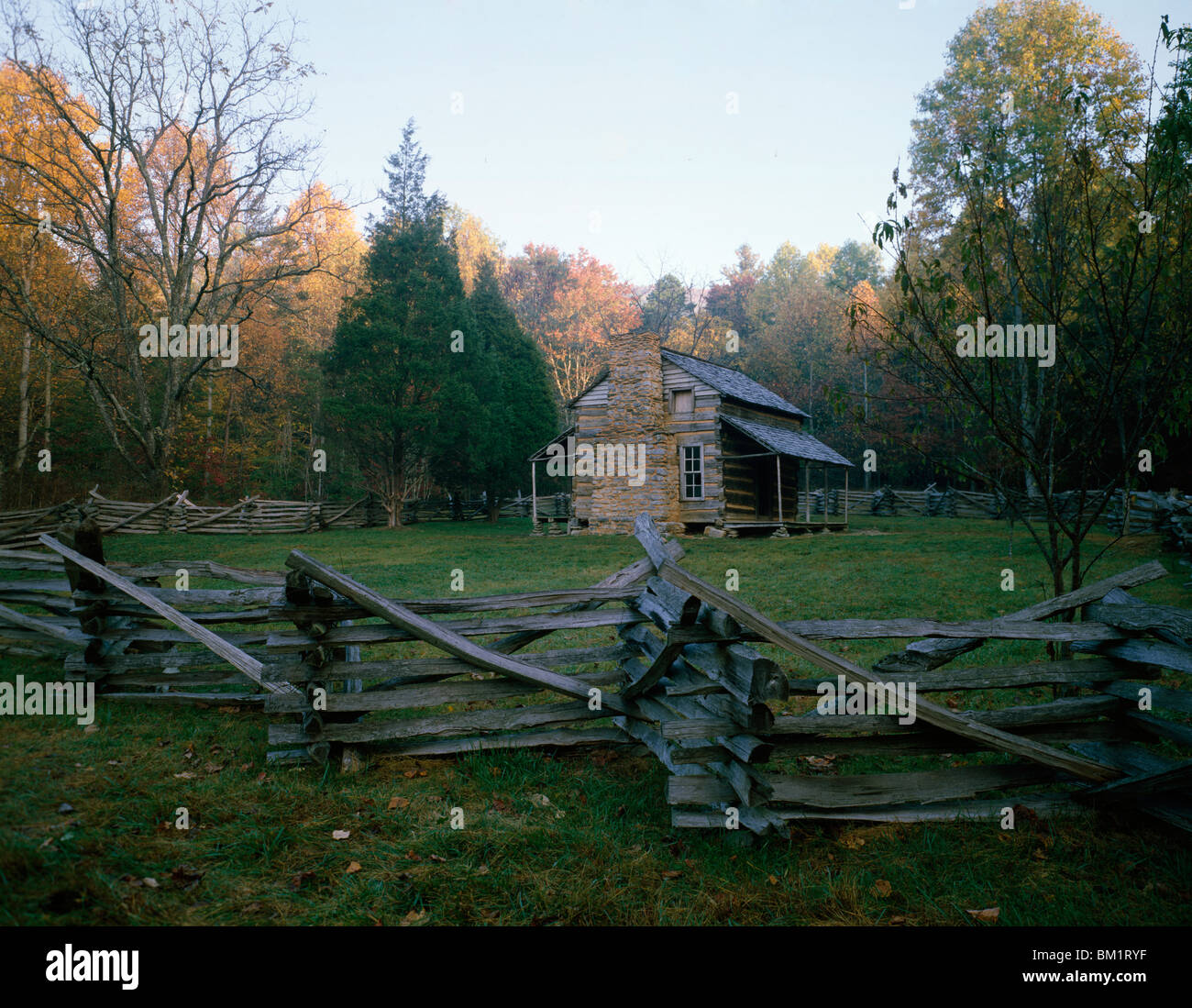 Log cabin in a forest, John Oliver Cabin, Cades Cove, Great Smoky Mountains National Park, Tennessee, USA Stock Photo