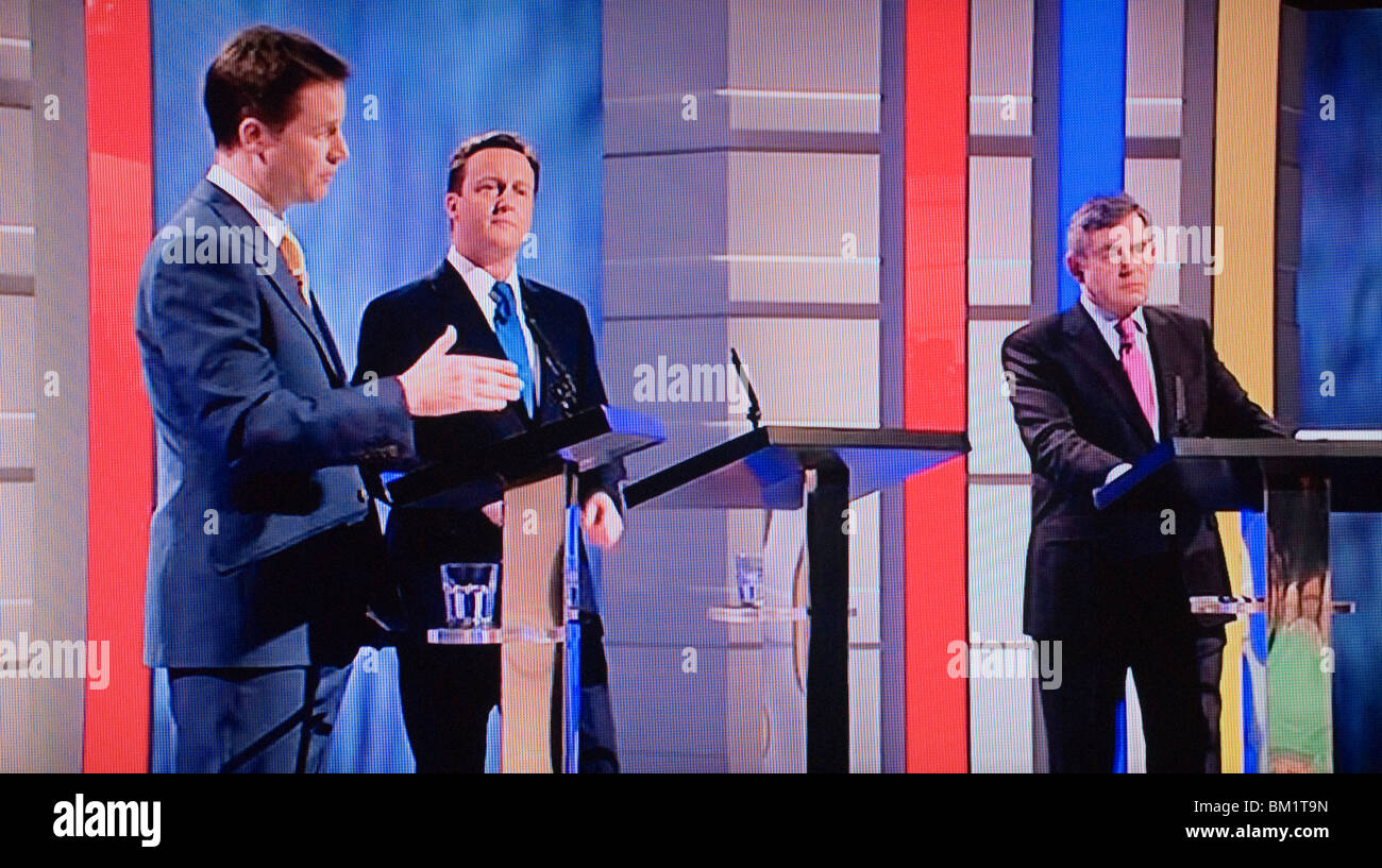 General Election  UK 2010. MPs MP (L-R) Nick Clegg, David Cameron, Gordon Brown.  the First TV Television debate. April 15th 2010. UK 2010s Manchester England  HOMER SYKES Stock Photo
