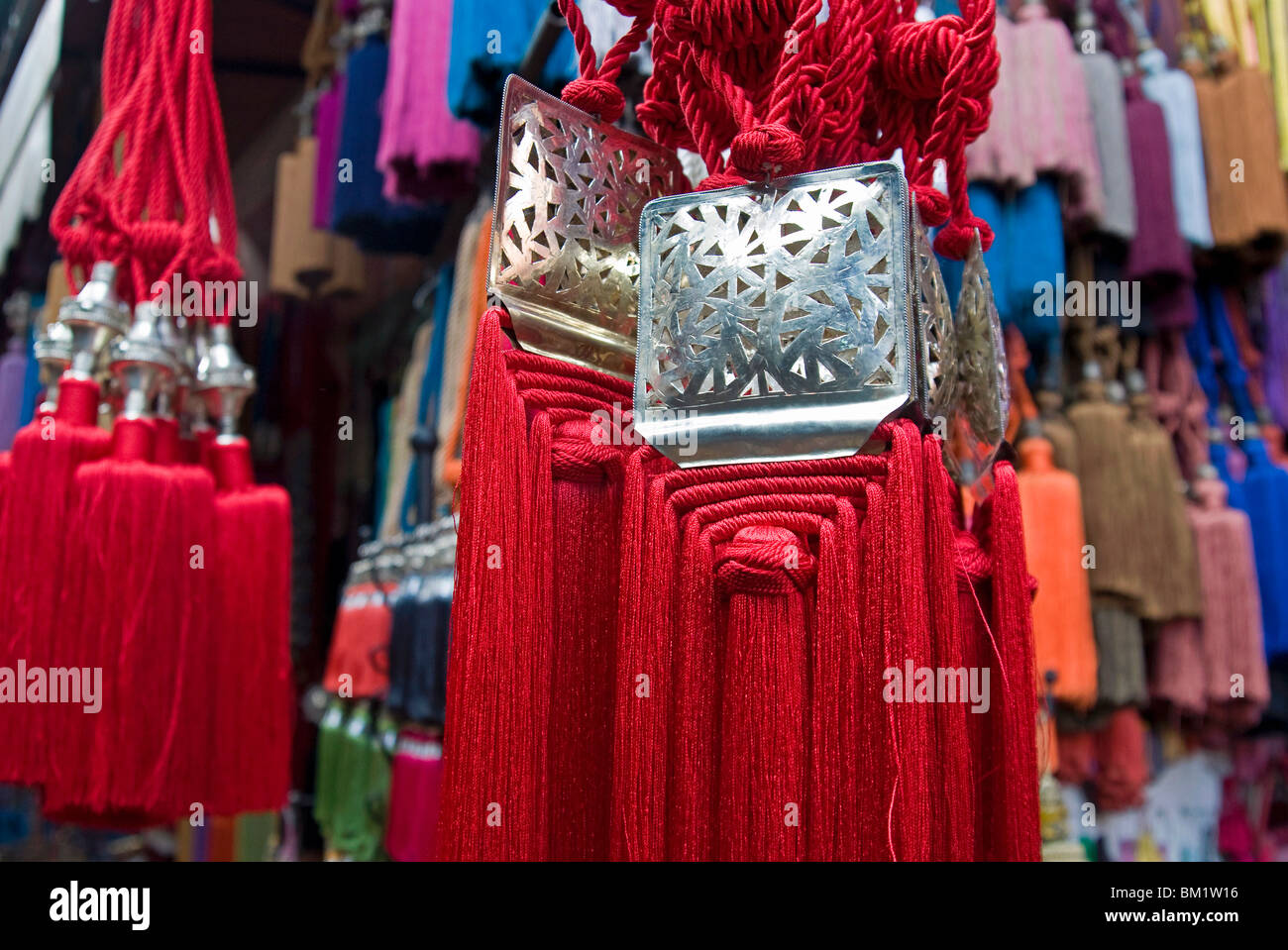 Tassels for sale in the souk, Marrakech (Marrakesh), Morocco, North Africa, Africa Stock Photo