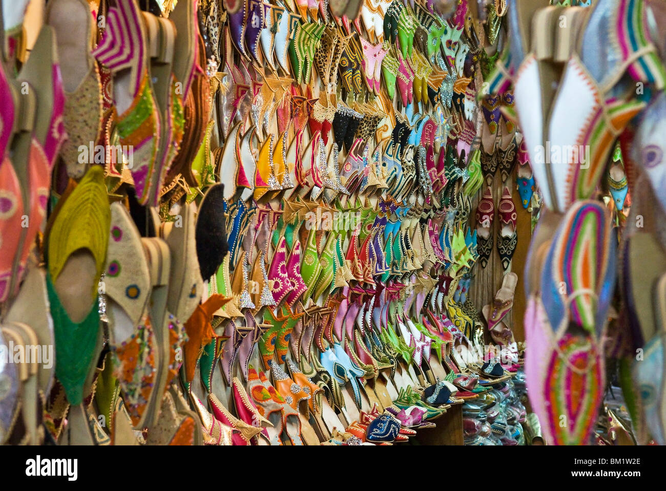 Traditional footware (babouches) for sale in the souk, Medina, Marrakech (Marrakesh), Morocco, North Africa, Africa Stock Photo