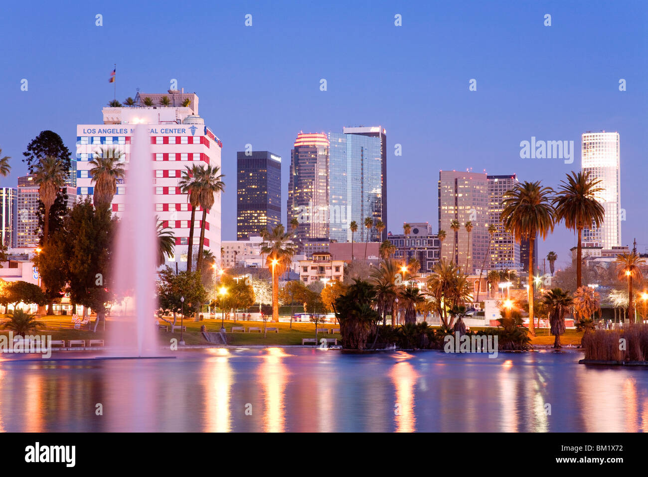MacArthur Park Lake and city skyline, Los Angeles, California, United States of America, North America Stock Photo