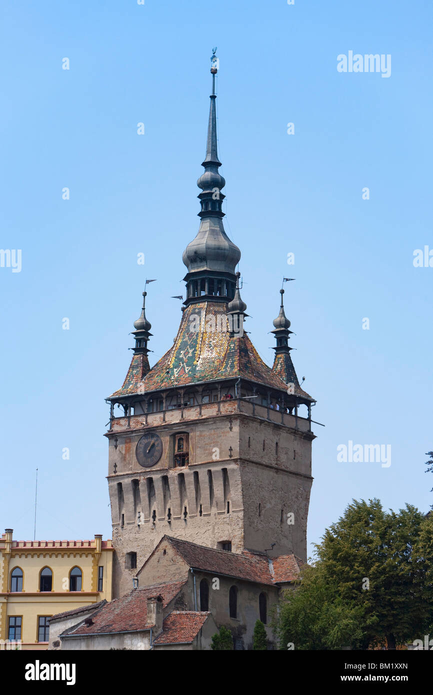 Clock tower, Sighisoara, UNESCO World Heritage Site, Transylvania, Romania, Europe Stock Photo