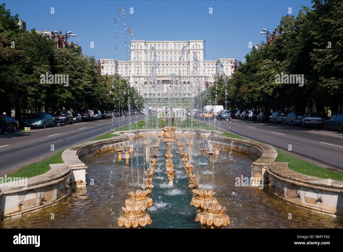 Fountains in front of the Palace of Parliament, former Ceausescu Palace, Bucharest, Romania, Europe Stock Photo