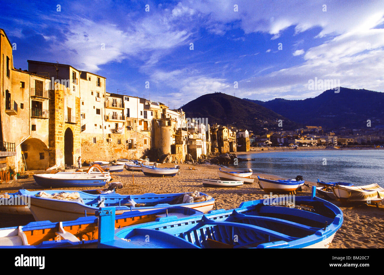 Fishing boats on the beach, Cefalu, Sicily, Italy, Mediterranean, Europe Stock Photo